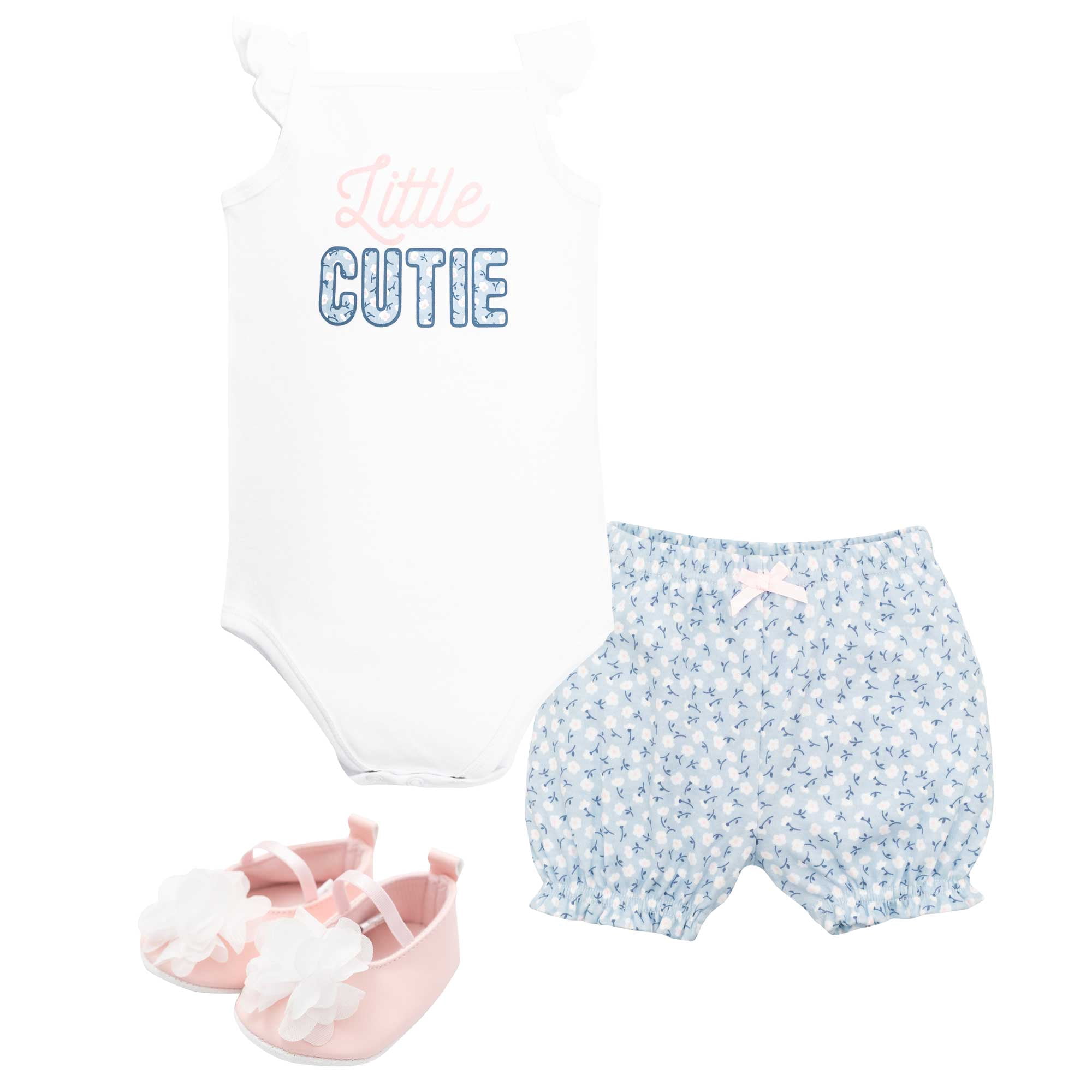 Hudson Baby Girl Cotton Bodysuit, Shorts and Shoe Set, Blue Ditsy Cutie, 0-3 Months