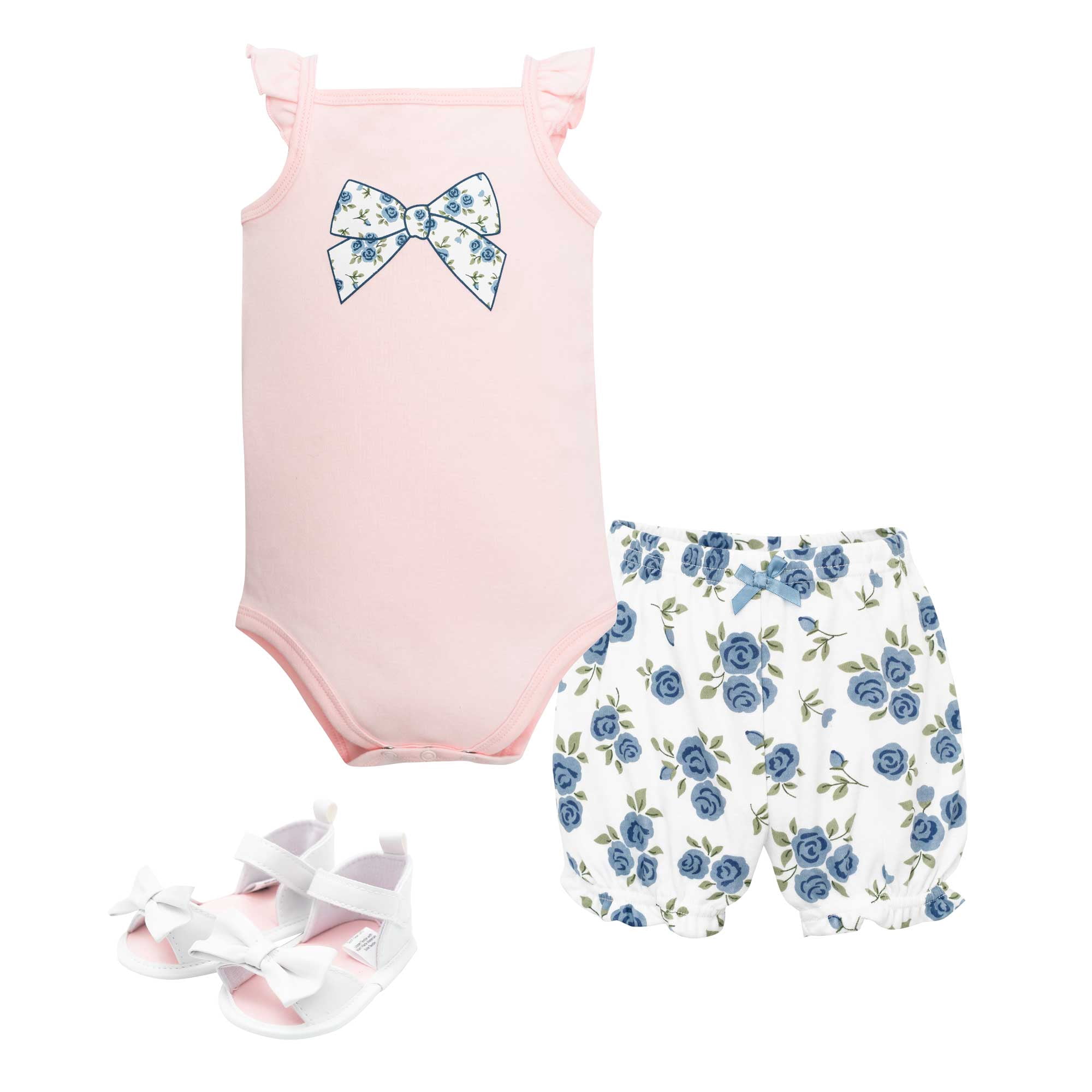 Hudson Baby Girl Cotton Bodysuit, Shorts and Shoe Set, Blue Pink Rose Bow, 3-6 Months