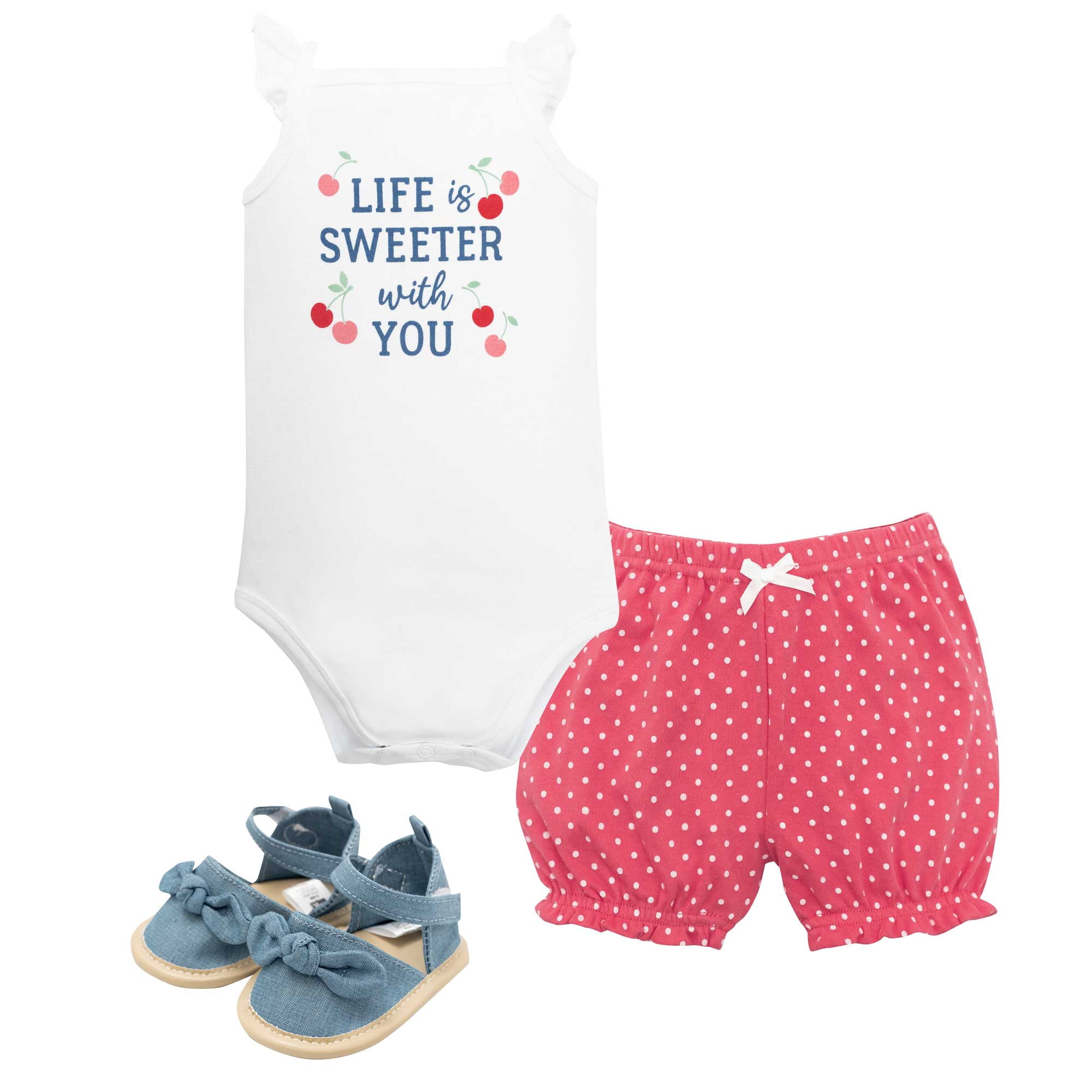 Hudson Baby Girl Cotton Bodysuit, Shorts and Shoe Set, Cherry Sweet Life, 0-3 Months
