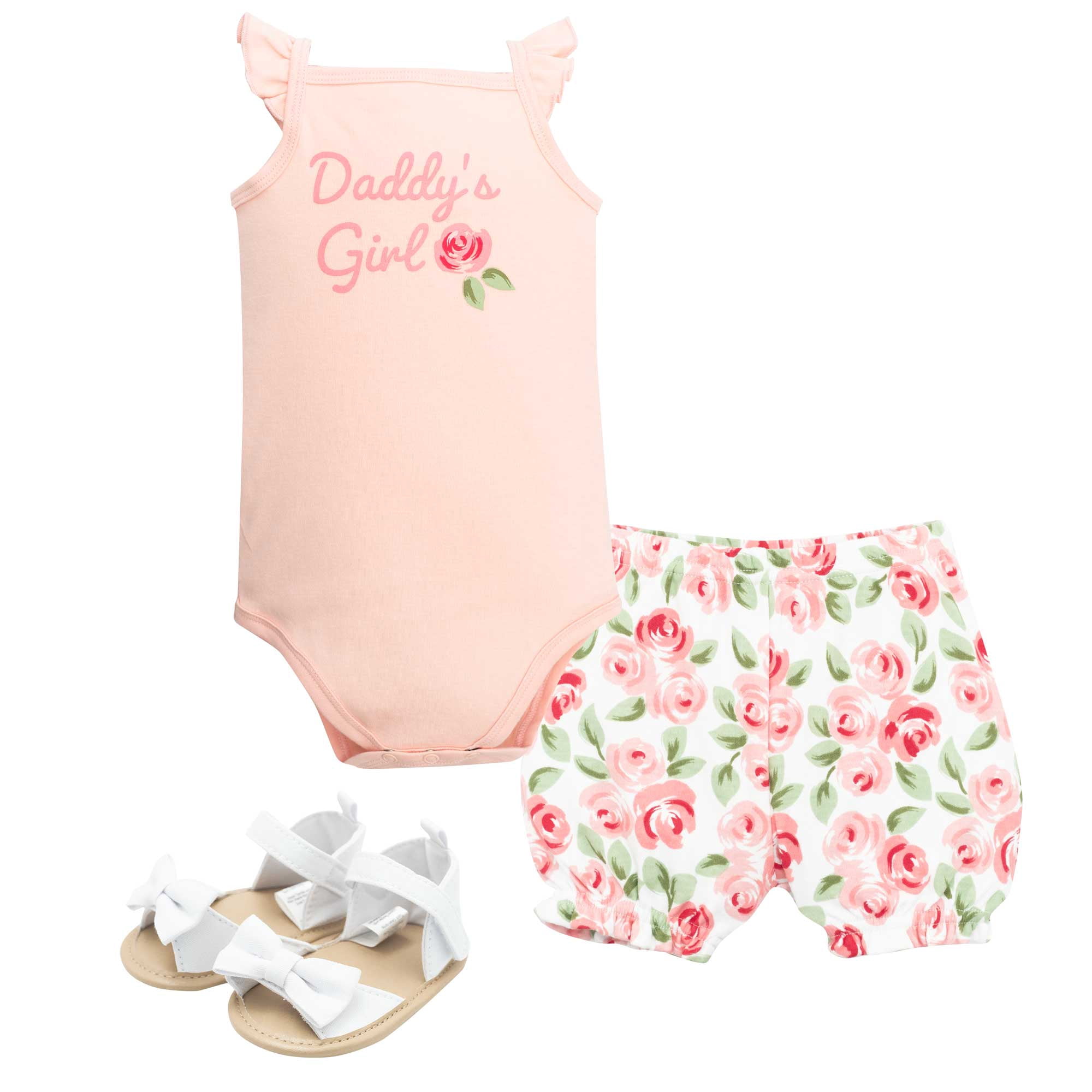 Hudson Baby Girl Cotton Bodysuit, Shorts and Shoe Set, Coral Floral, 9-12 Months