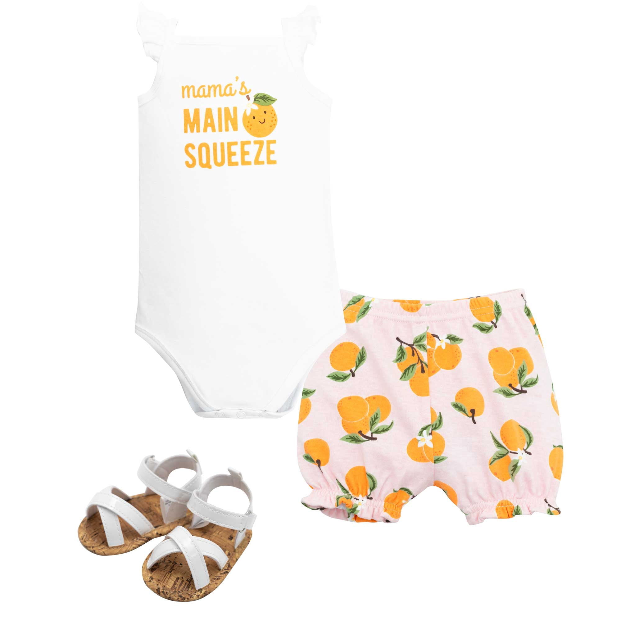 Hudson Baby Girl Cotton Bodysuit, Shorts and Shoe Set, Main Squeeze Orange, 6-9 Months