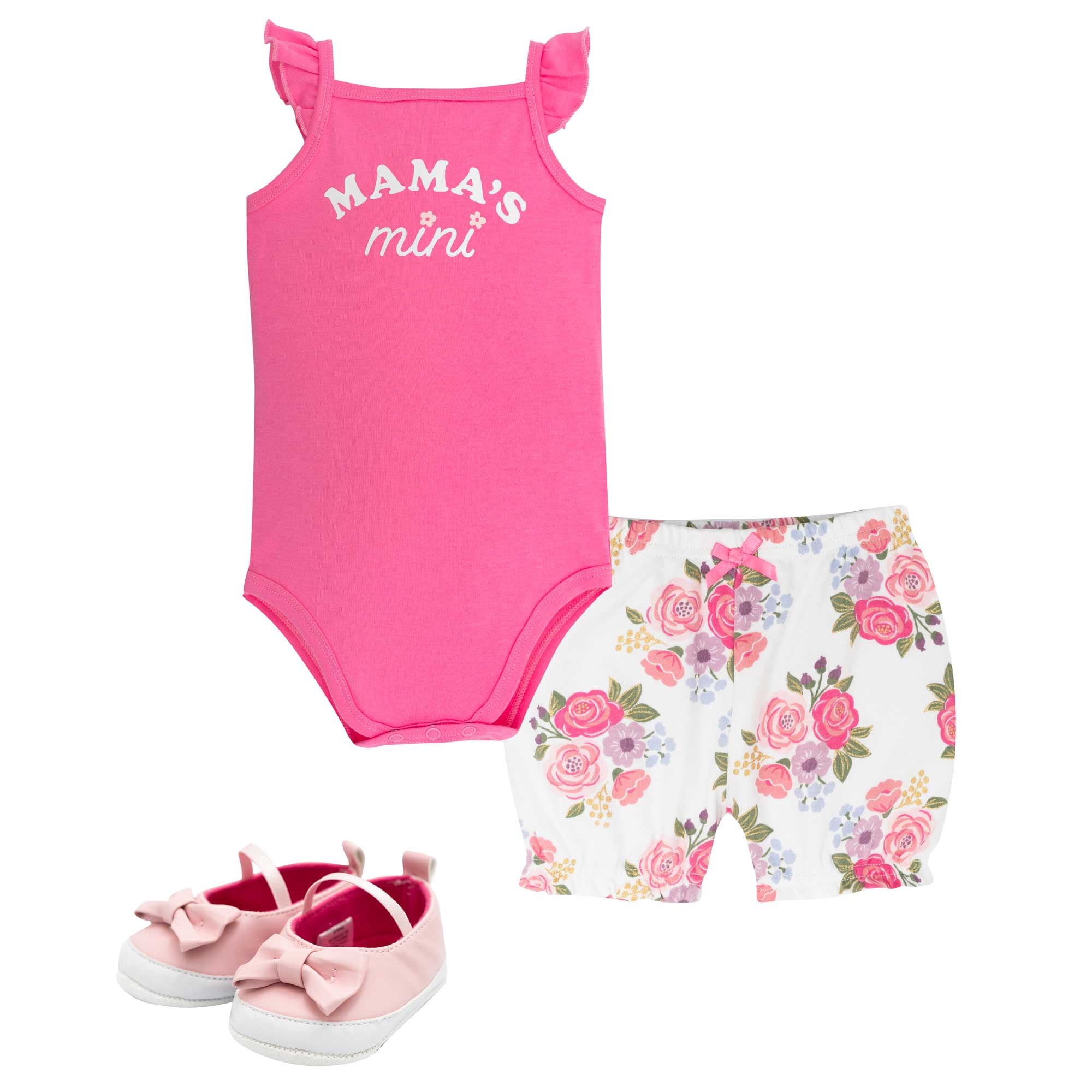 Hudson Baby Girl Cotton Bodysuit, Shorts and Shoe Set, Mama Floral, 0-3 Months