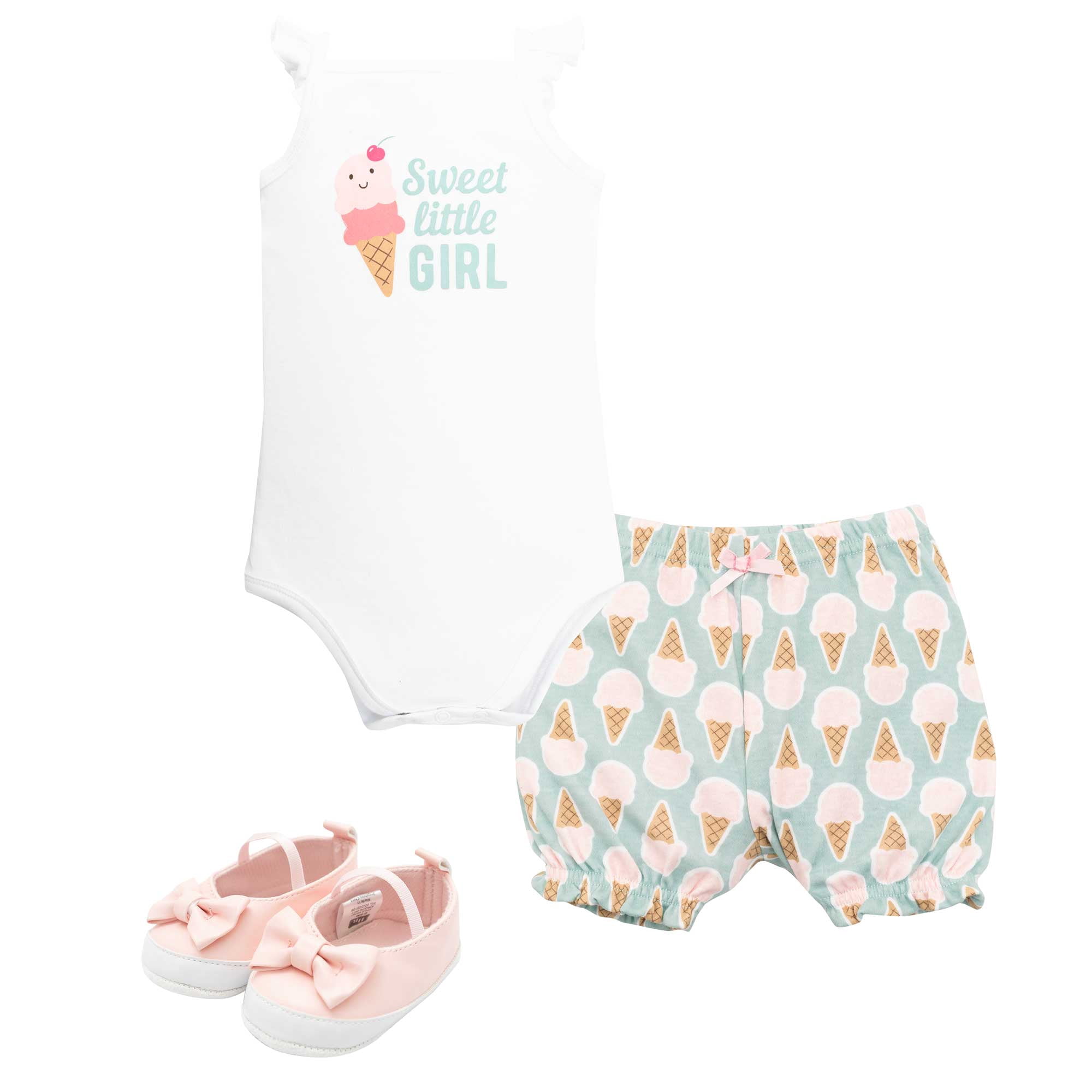Hudson Baby Girl Cotton Bodysuit, Shorts and Shoe Set, Sweet Ice Cream, 6-9 Months