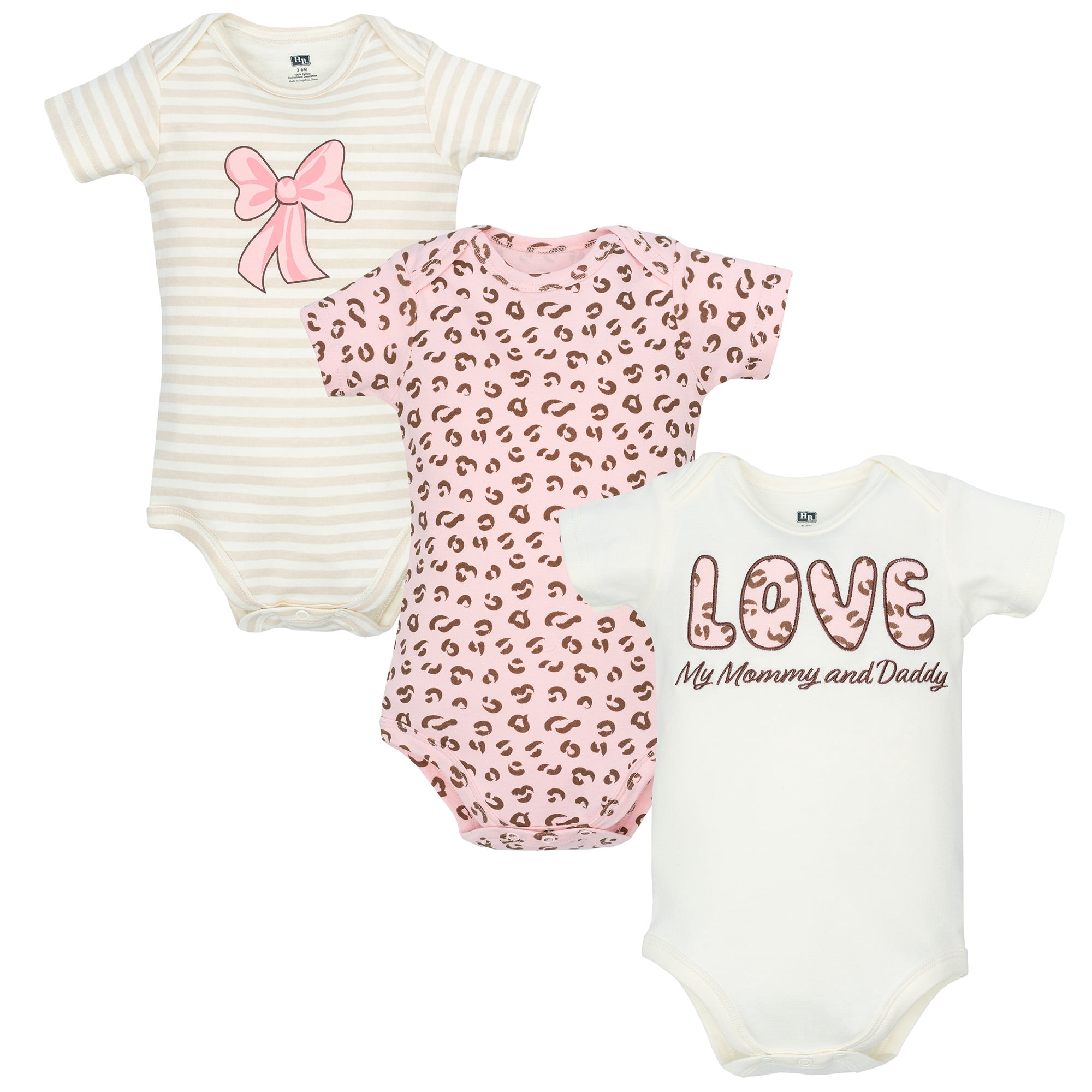 Hudson Baby Girl Cotton Bodysuits 3-Pack, Leopard Bow, 3-6 Months