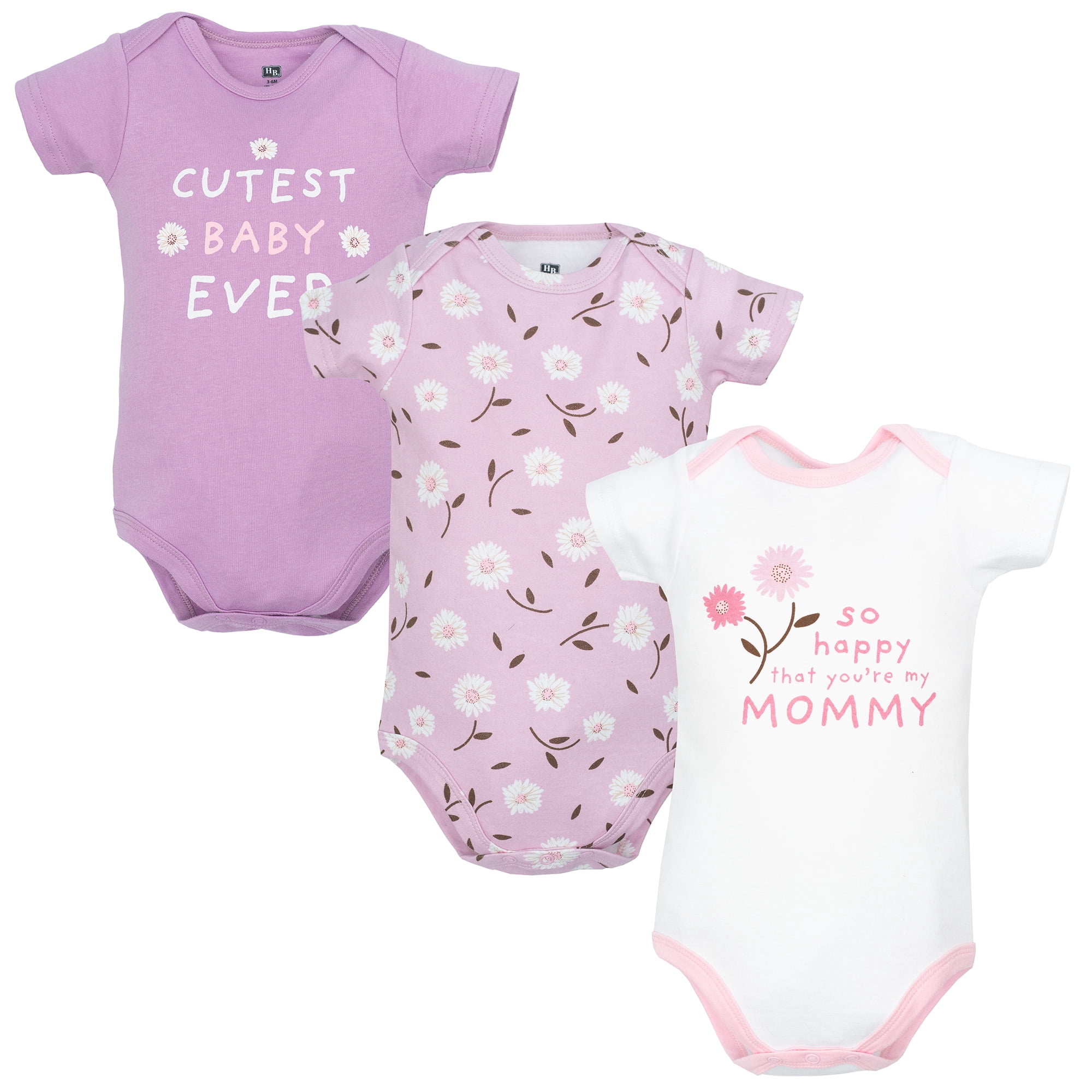 Hudson Baby Girl Cotton Bodysuits 3-Pack, Lilac Blooms, 0-3 Months