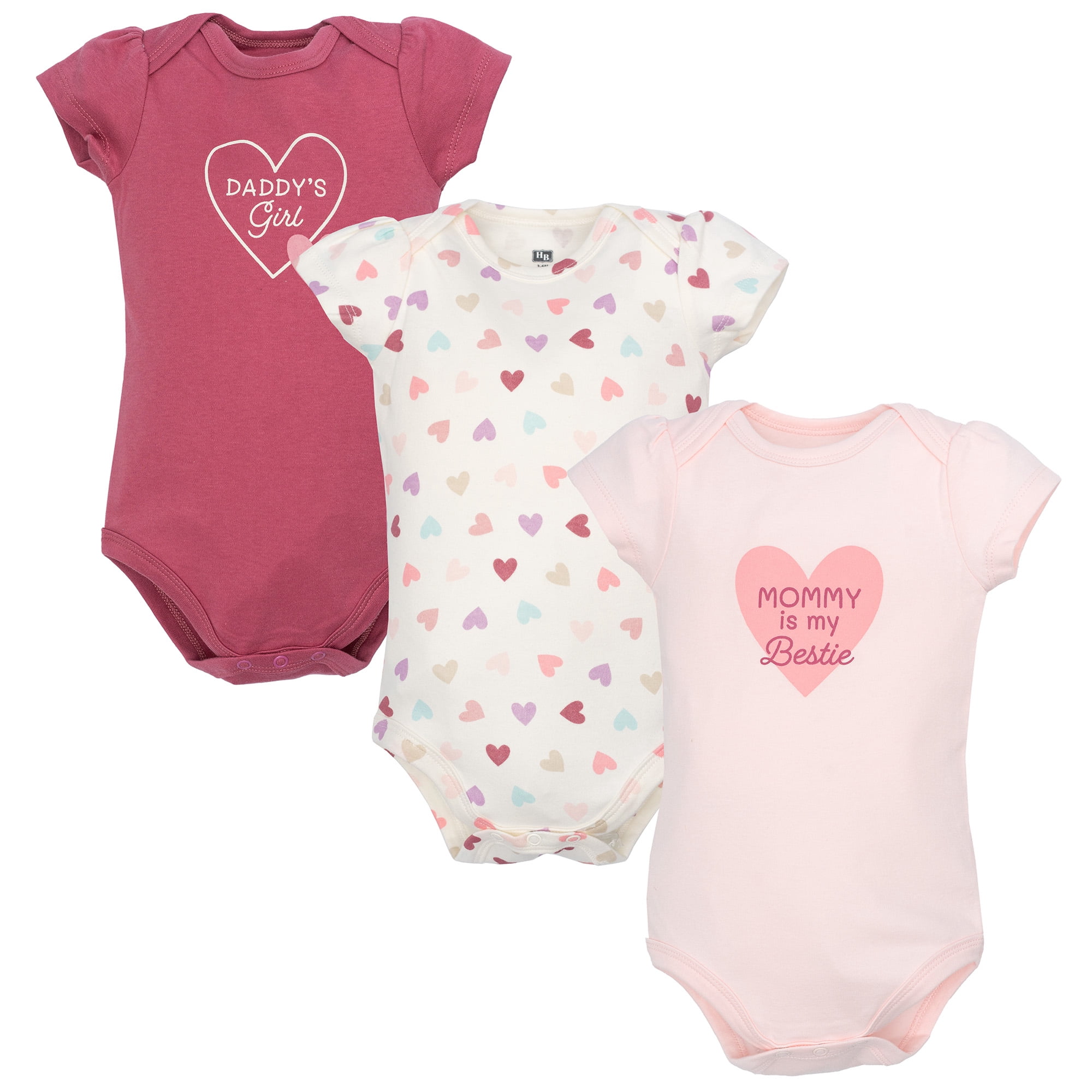 Hudson Baby Girl Cotton Bodysuits 3-Pack, Mom Dad Heart Confetti, 9-12 Months