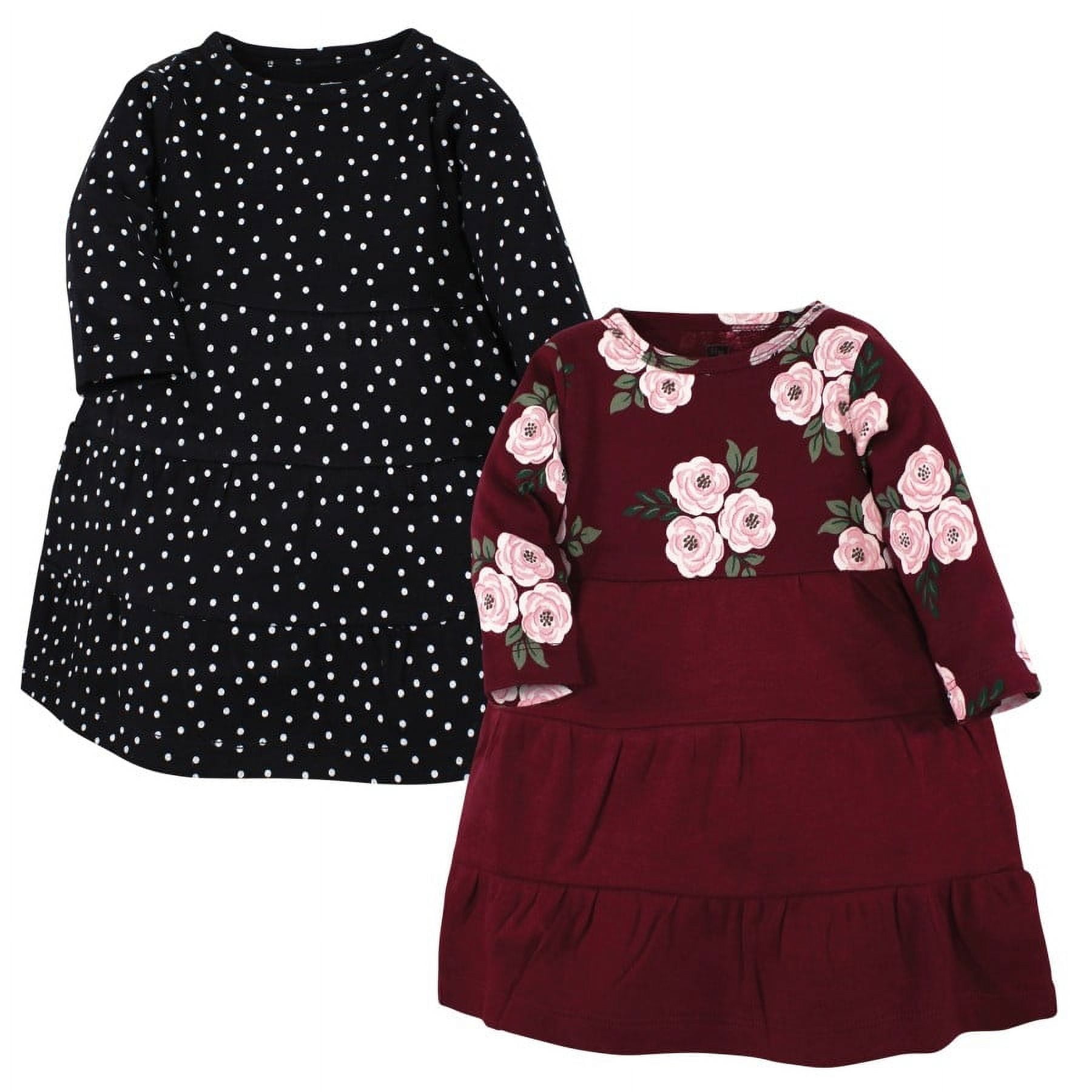 Hudson Baby Girl Cotton Dresses, Black Burgundy Floral, 0-3 Months
