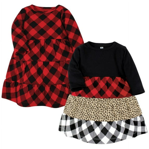Hudson Baby Girl Cotton Dresses, Buffalo Plaid Leopard, 3 Toddler