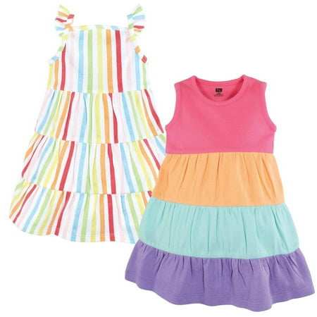 Hudson Baby Girl Cotton Dresses, Rainbow Stripe, 0-3 Months