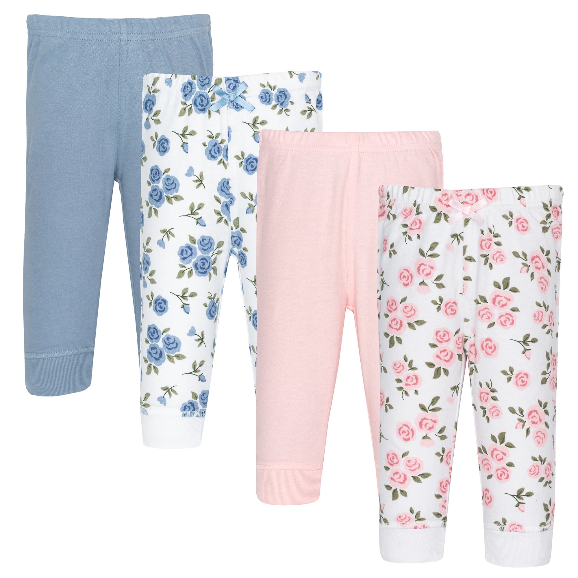 Hudson Baby Girl Cotton Pants and Leggings, Pink And Blue Roses, Preemie