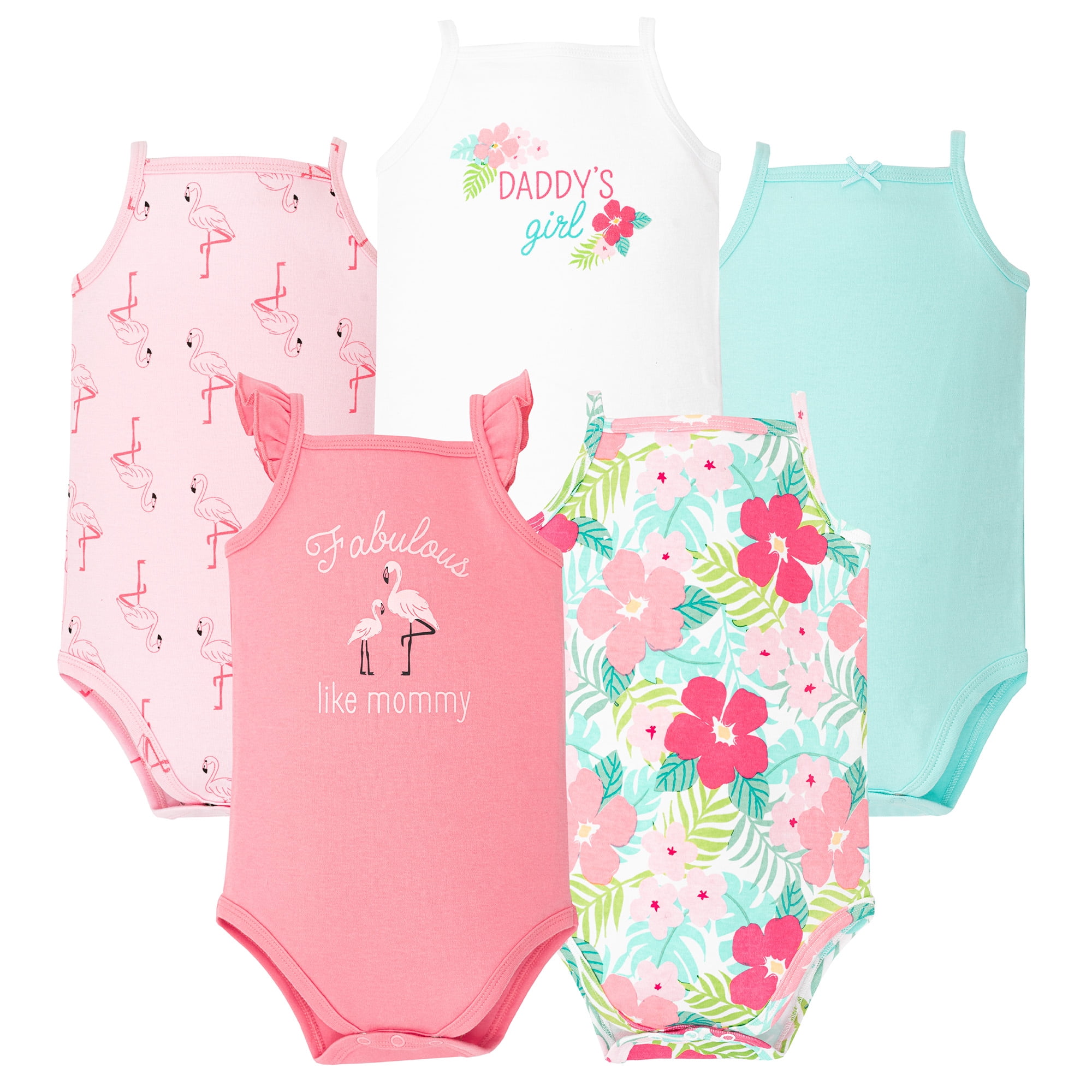 Hudson Baby Girl Cotton Sleeveless Bodysuits 5-Pack, Tropical Flamingo, 9-12 Months
