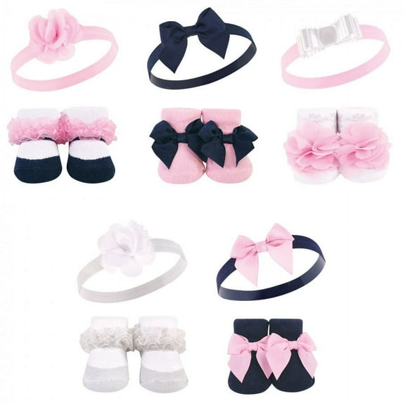 Hudson Baby Girl Headband and Socks Giftset, Navy White, One Size