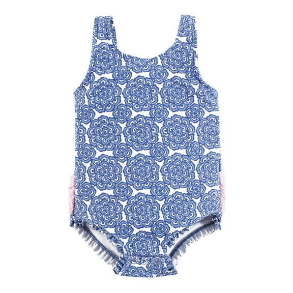 Hudson Baby Girls Baby Swimsuit, Blue Medallion Flower, 3-6 Months
