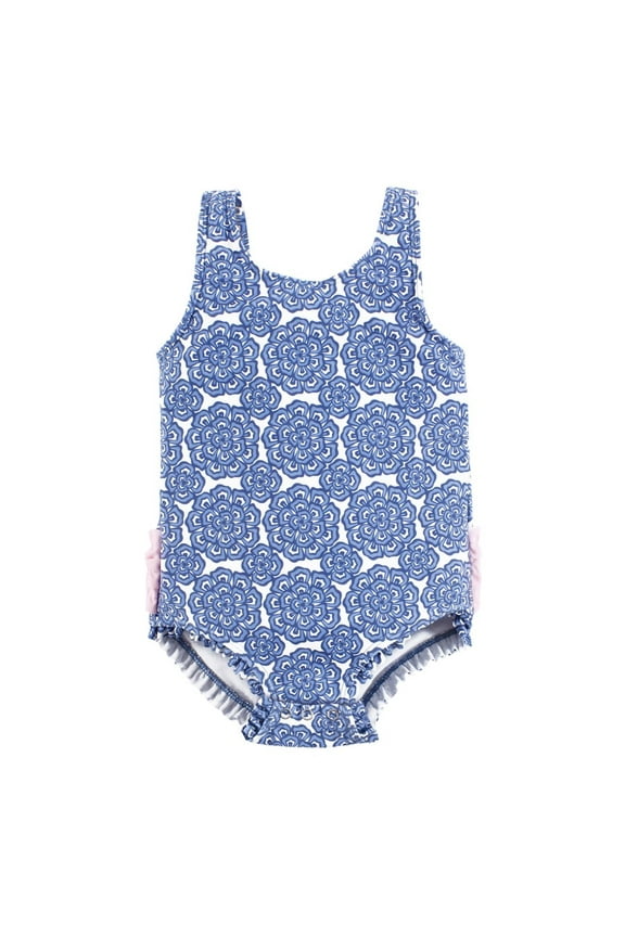 Girls Baby Swimsuit, Blue Medallion Flower, 3-6 Months