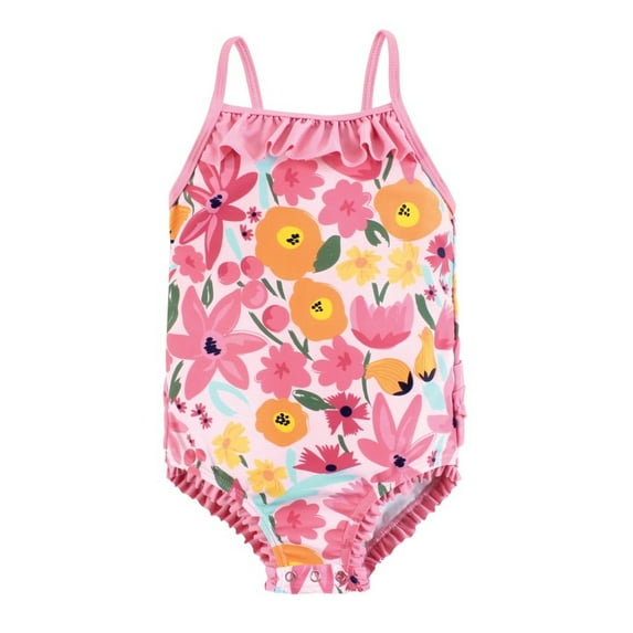 Hudson Baby Girls Baby Swimsuit, Pink Orange Floral, 12-18 Months