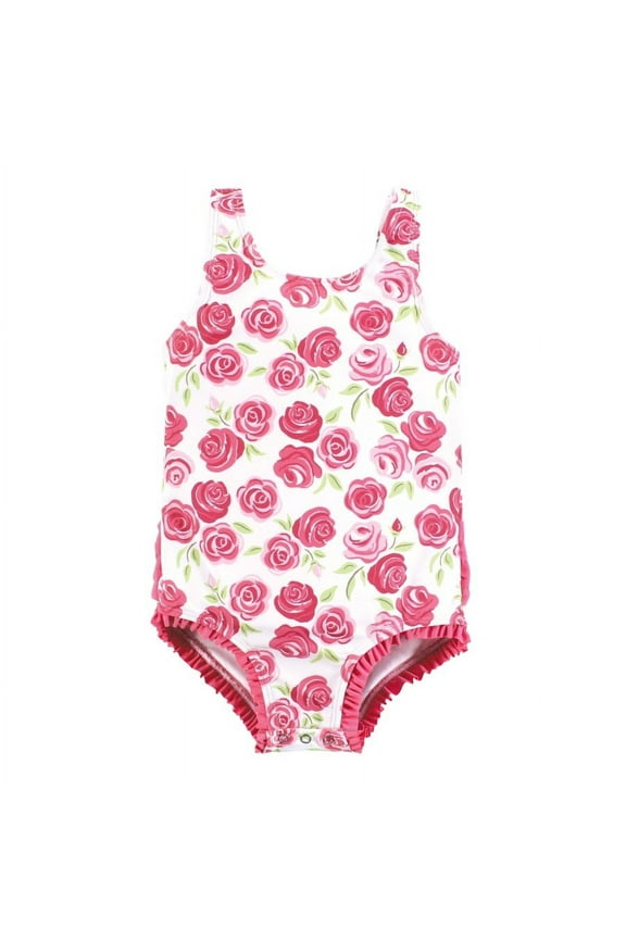 Girls Baby Swimsuit, Pink Roses, 3-6 Months
