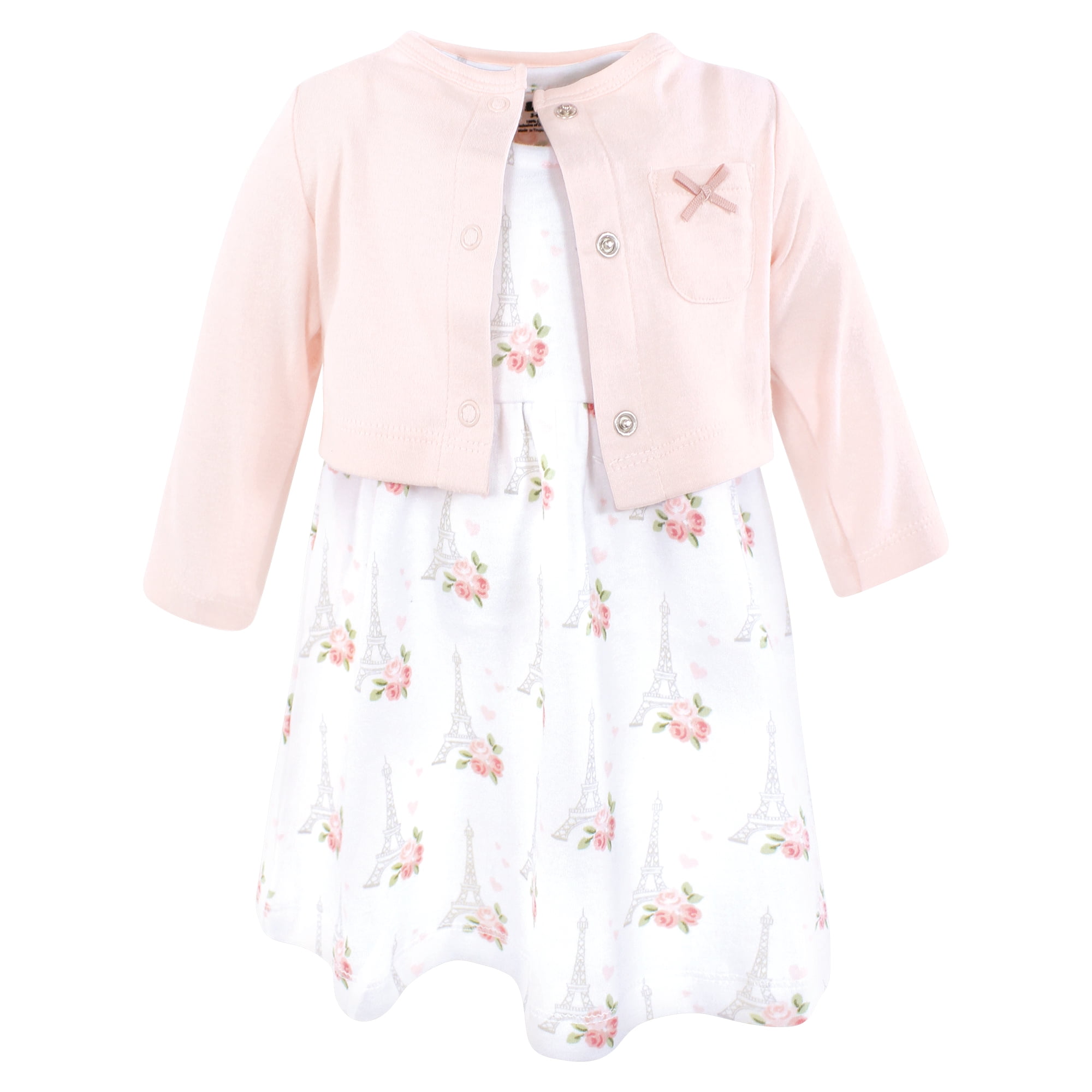 Hudson Baby Girls Cotton Dress and Cardigan Set, Bonjour Paris, 0-3 Months