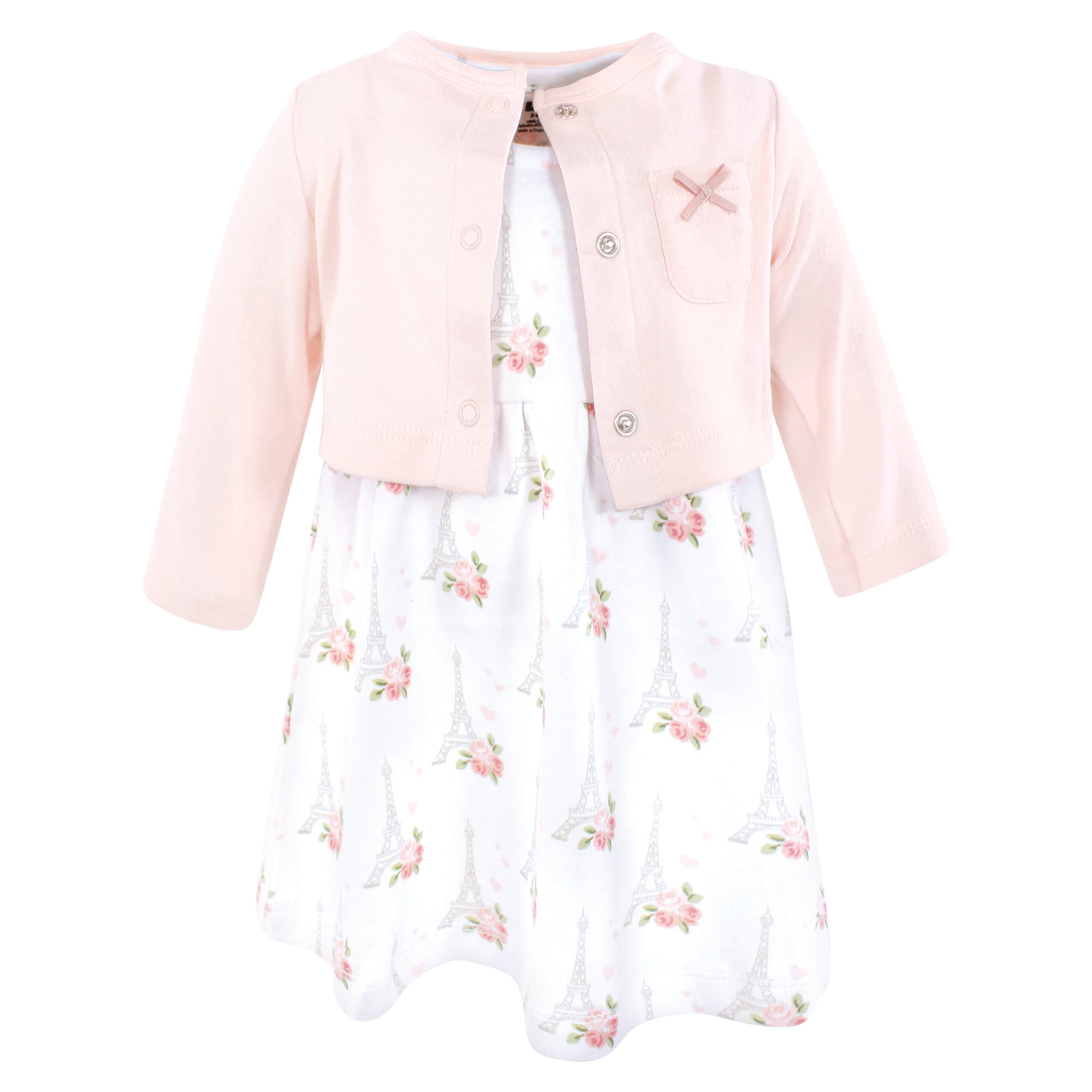 Hudson Baby Girls Cotton Dress and Cardigan Set, Bonjour Paris, 9-12 Months