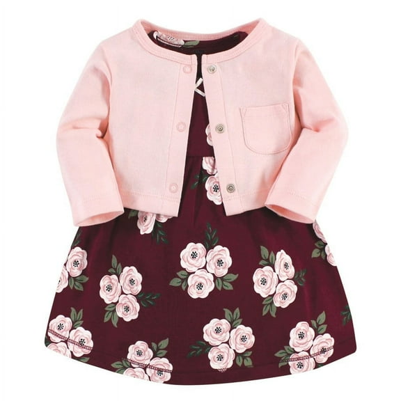 Hudson Baby Girls Cotton Dress and Cardigan Set, Burgundy Floral, 2 Toddler