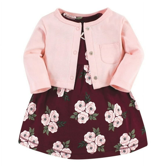 Hudson Baby Girls Cotton Dress and Cardigan Set, Burgundy Floral, 4 Toddler