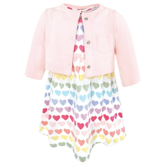 Hudson Baby Girls Cotton Dress and Cardigan Set, Cascading Hearts, 9-12 Months