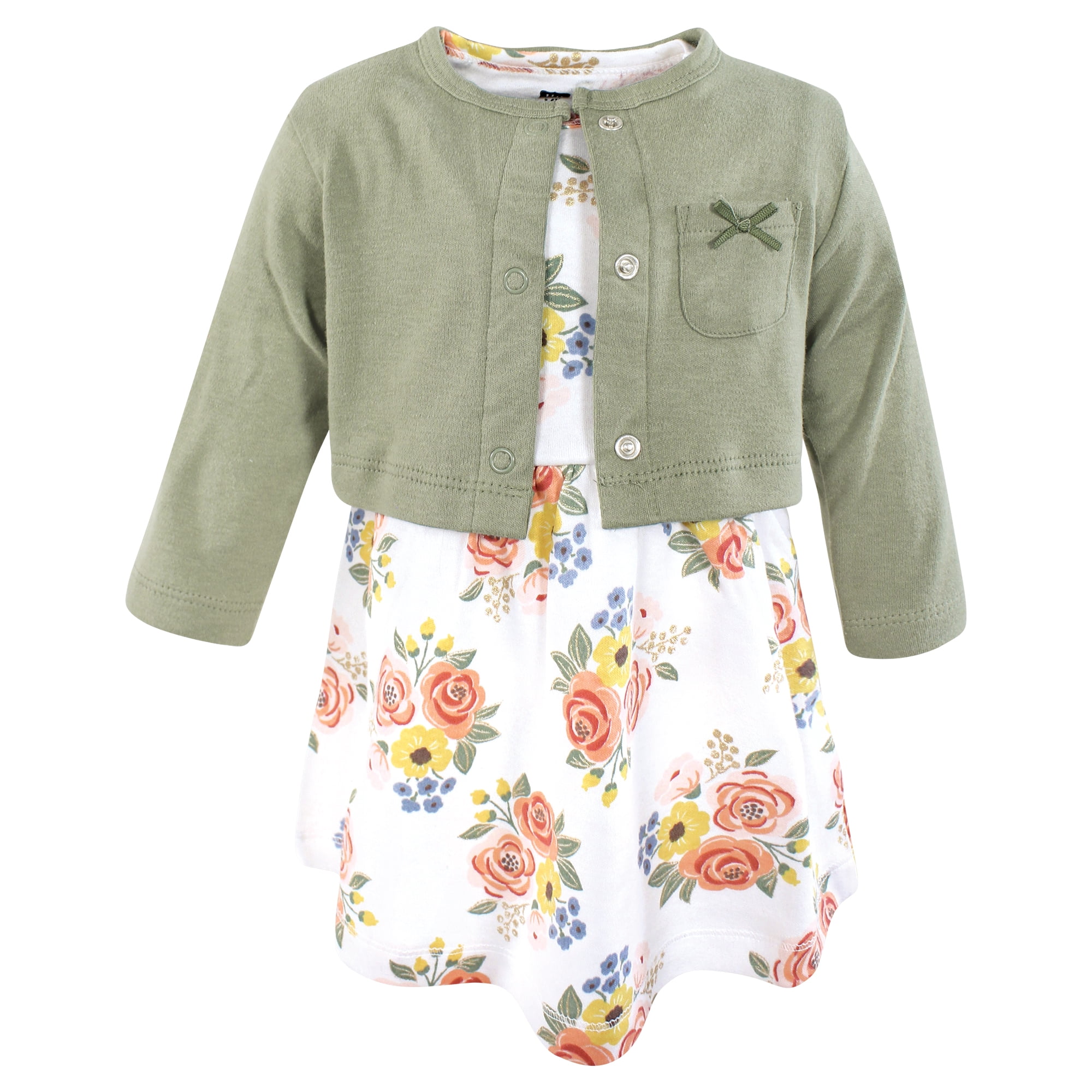 Hudson Baby Girls Cotton Dress and Cardigan Set, Golden Bouquet, 12-18 Months