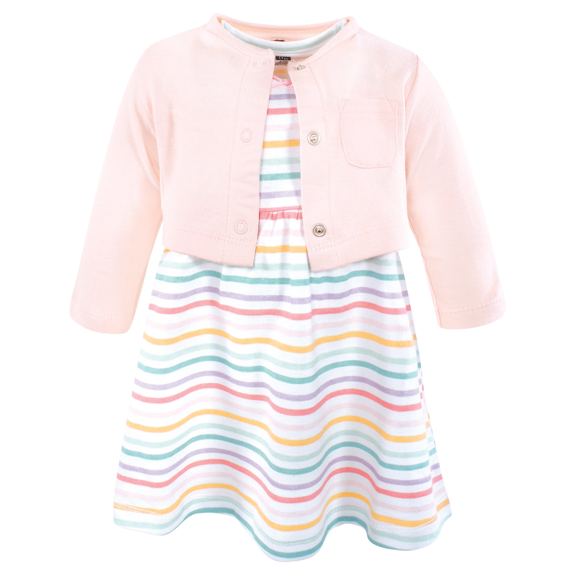 Hudson Baby Girls Cotton Dress and Cardigan Set, Happy Stripe, 2T
