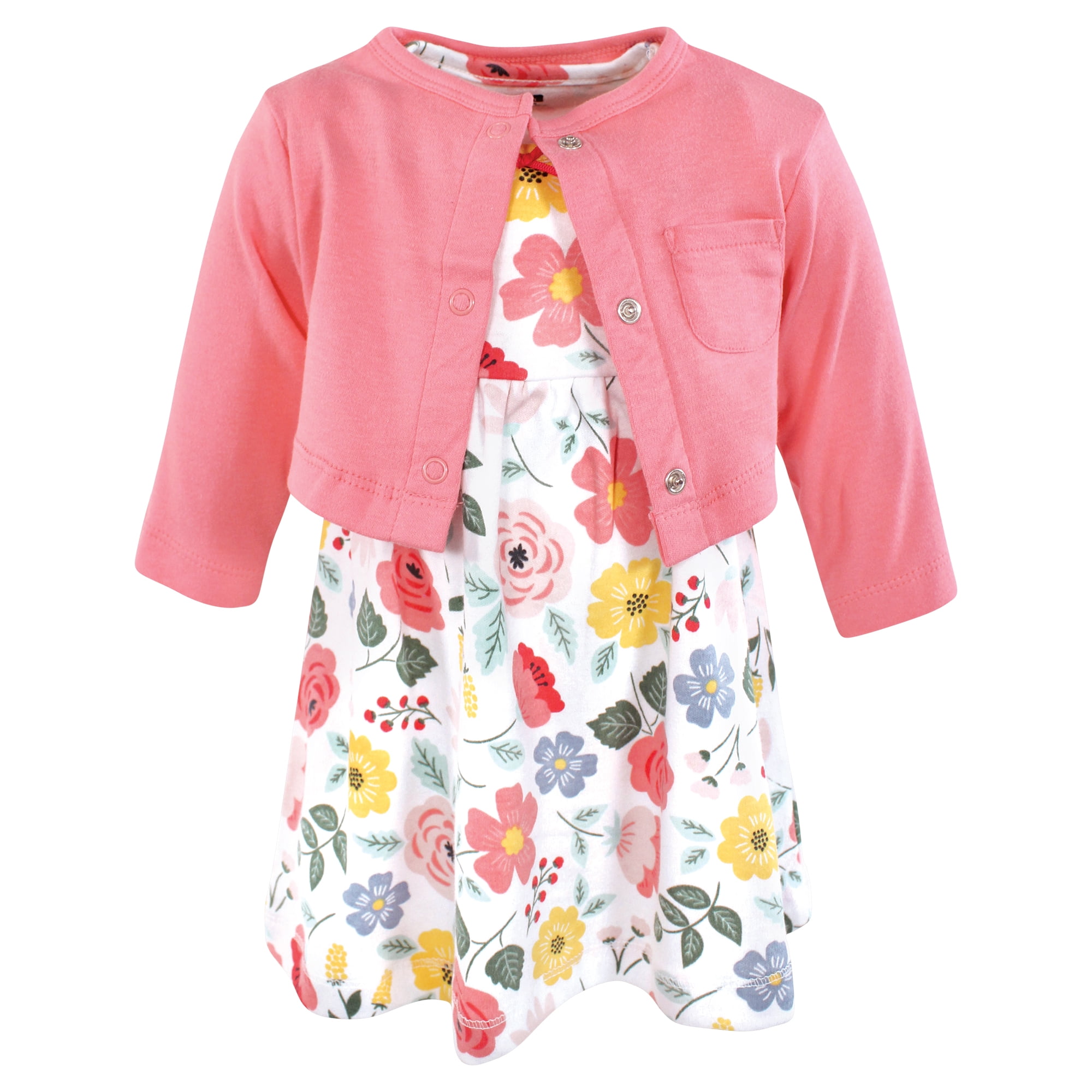 Hudson Baby Girls Cotton Dress and Cardigan Set, Modern Botanical, 3-6 Months