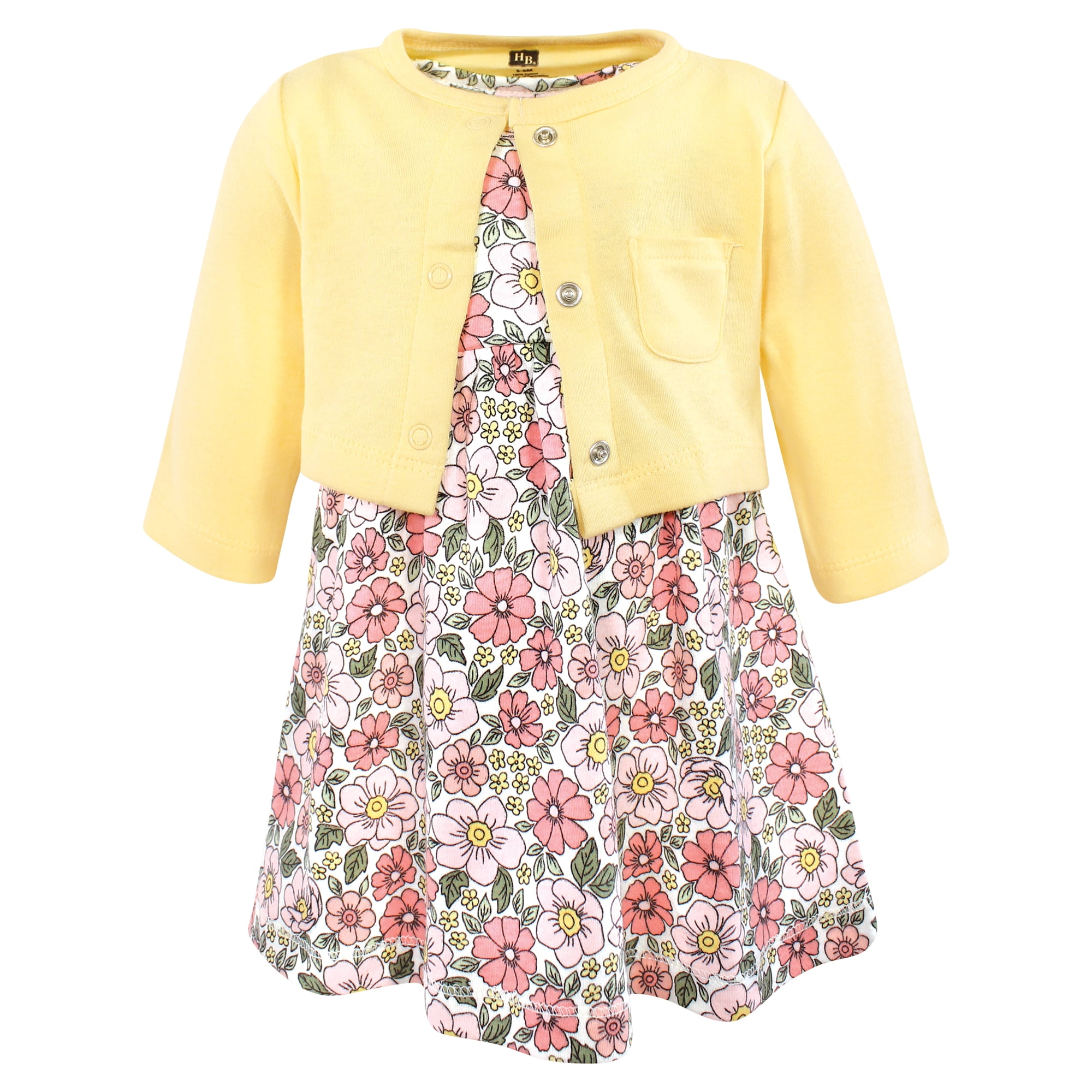 Hudson Baby Girls Cotton Dress and Cardigan Set, Pink Yellow Pretty Floral, 9-12 Months