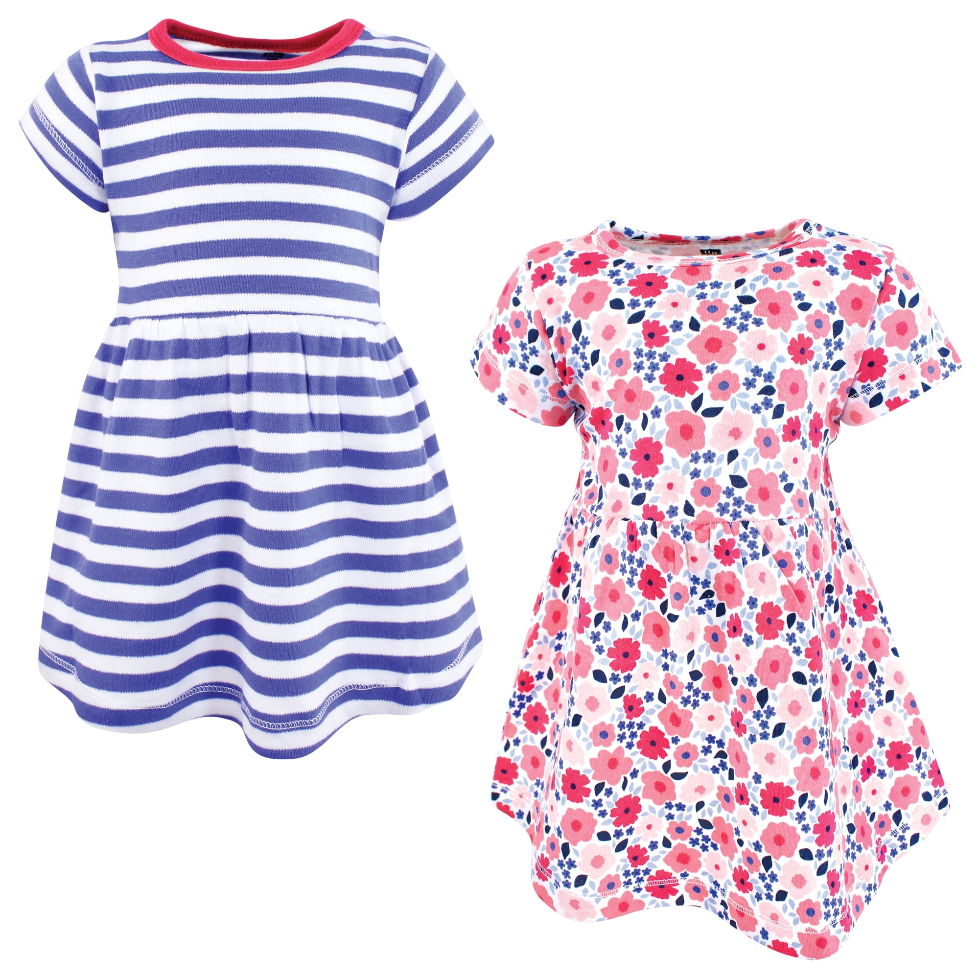 Hudson Baby Girls Cotton Dresses, Blue Pink Flowers, 18-24 Months