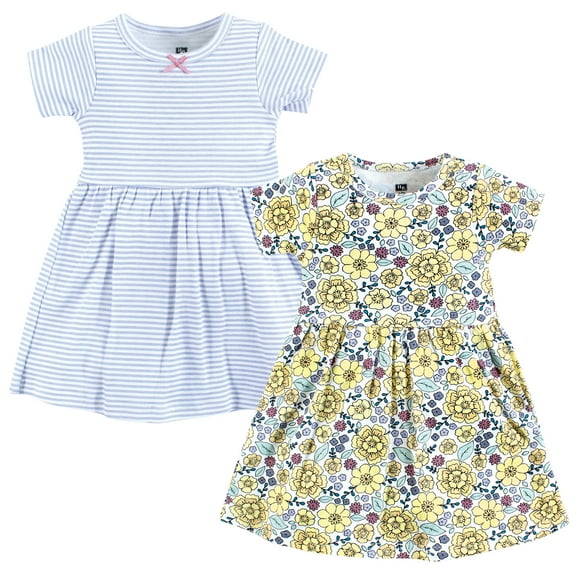 Hudson Baby Girls Cotton Dresses, Outline Floral Yellow, 0-3 Months