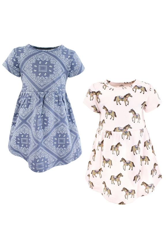 Girls Cotton Dresses, Pink Horses, 0-3 Months