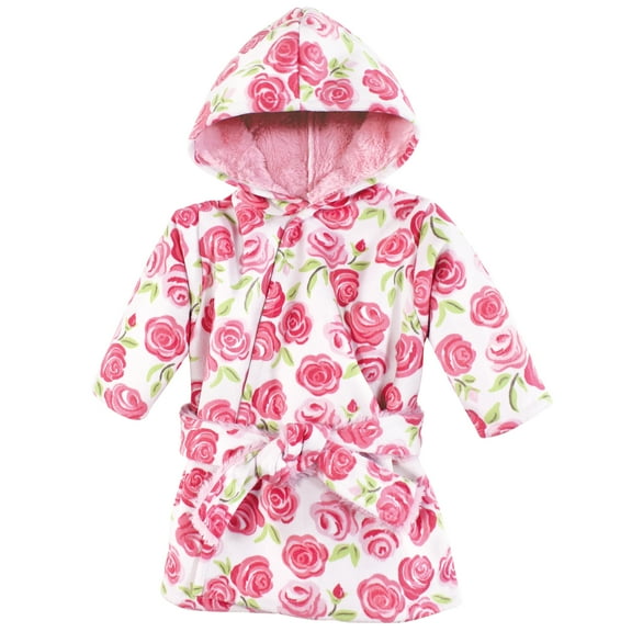 Hudson Baby Girls Mink with Faux Fur Lining Pool and Beach Robe Cover-ups, Pink Roses, 6-12 Months