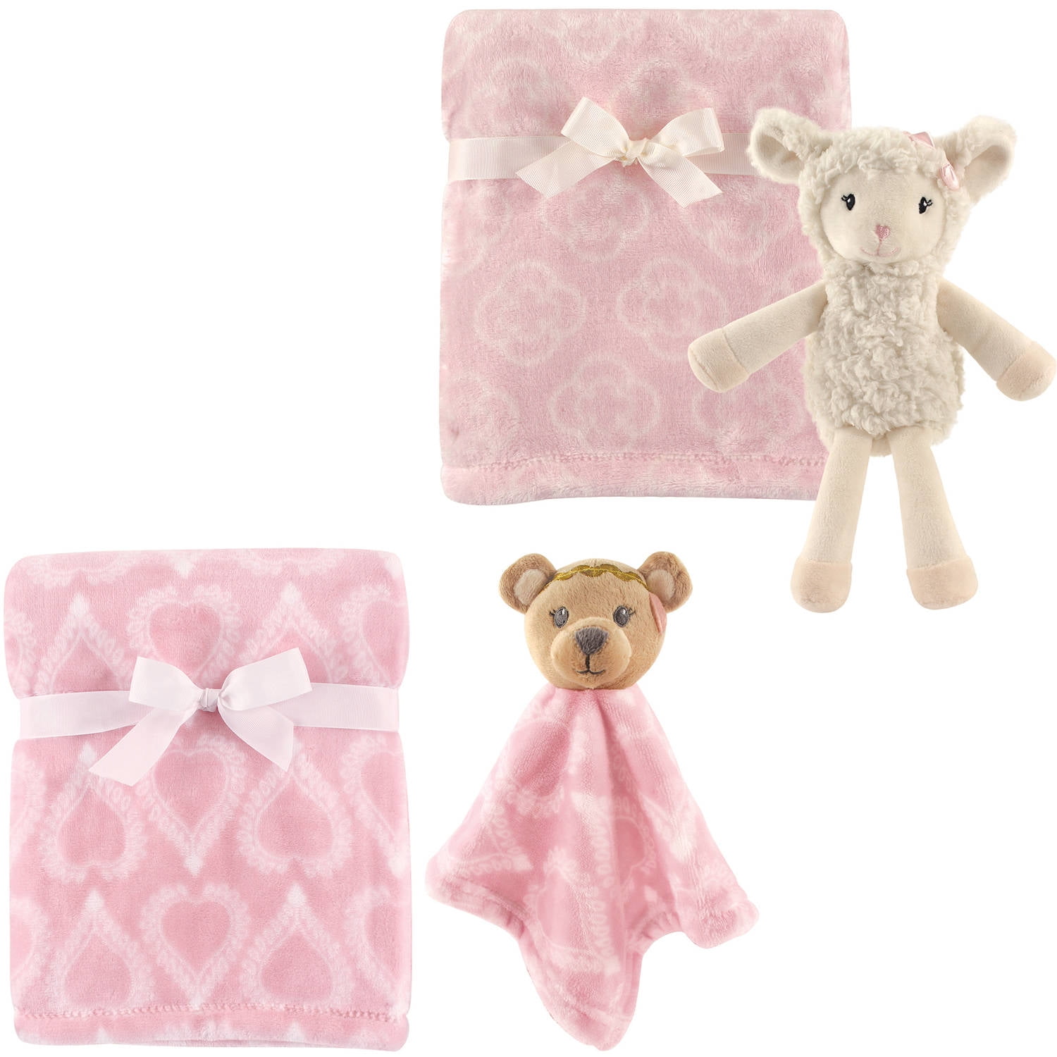 Hudson Baby Girls' Plush Blanket (2Pack) with Plush Toy and Security