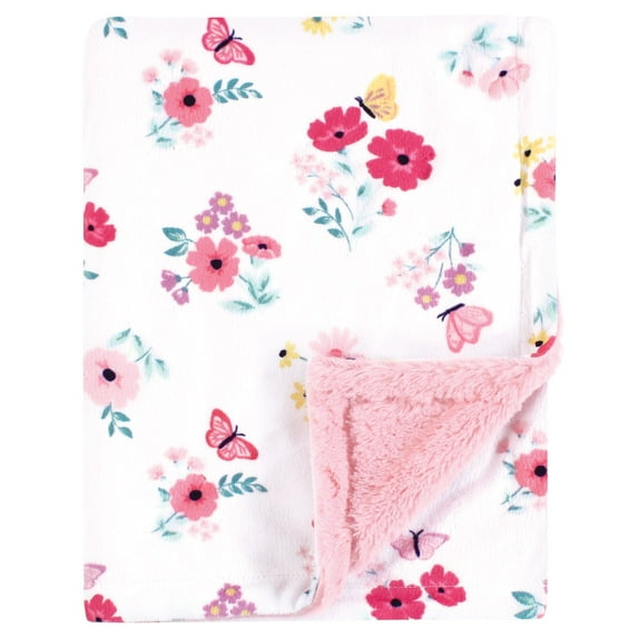 Hudson Baby Girls Plush Blanket with Furry Binding and Back, Butterfly Floral, One Size