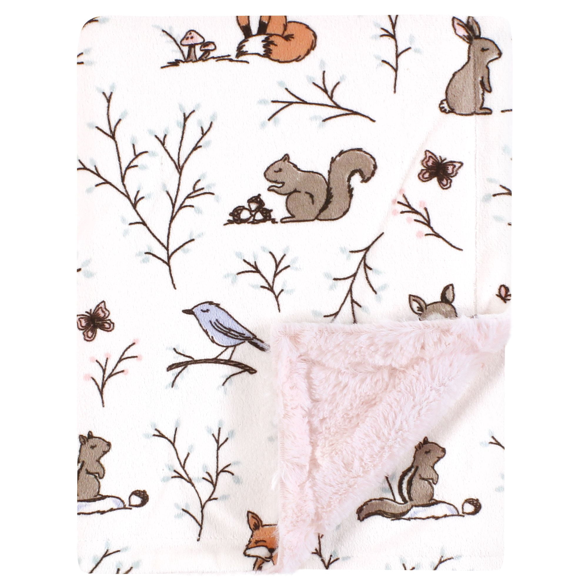 Hudson Baby Girls Plush Blanket with Furry Binding and Back, Enchanted Forest, One Size