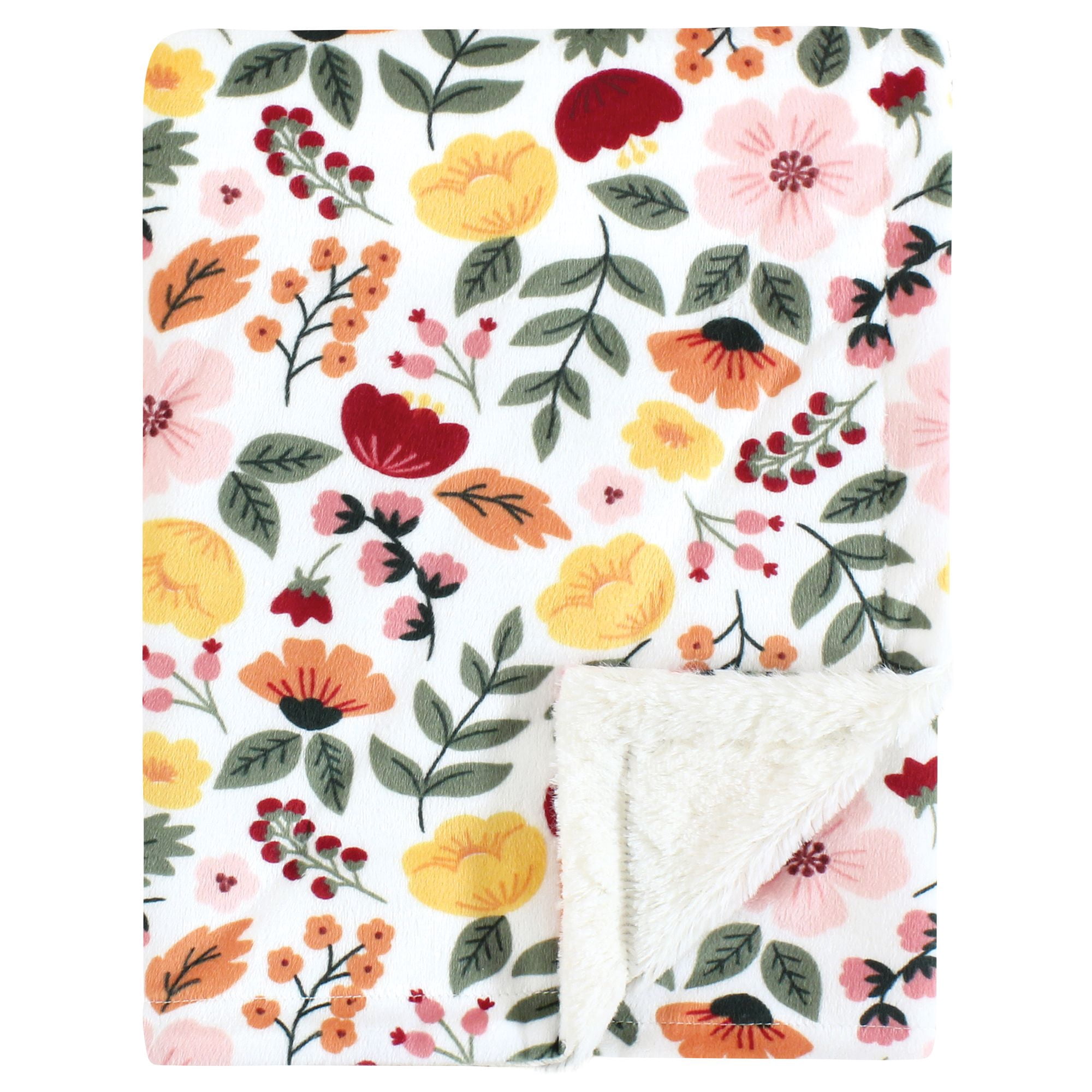 Hudson Baby Girls Plush Blanket with Furry Binding and Back, Fall Botanical, One Size