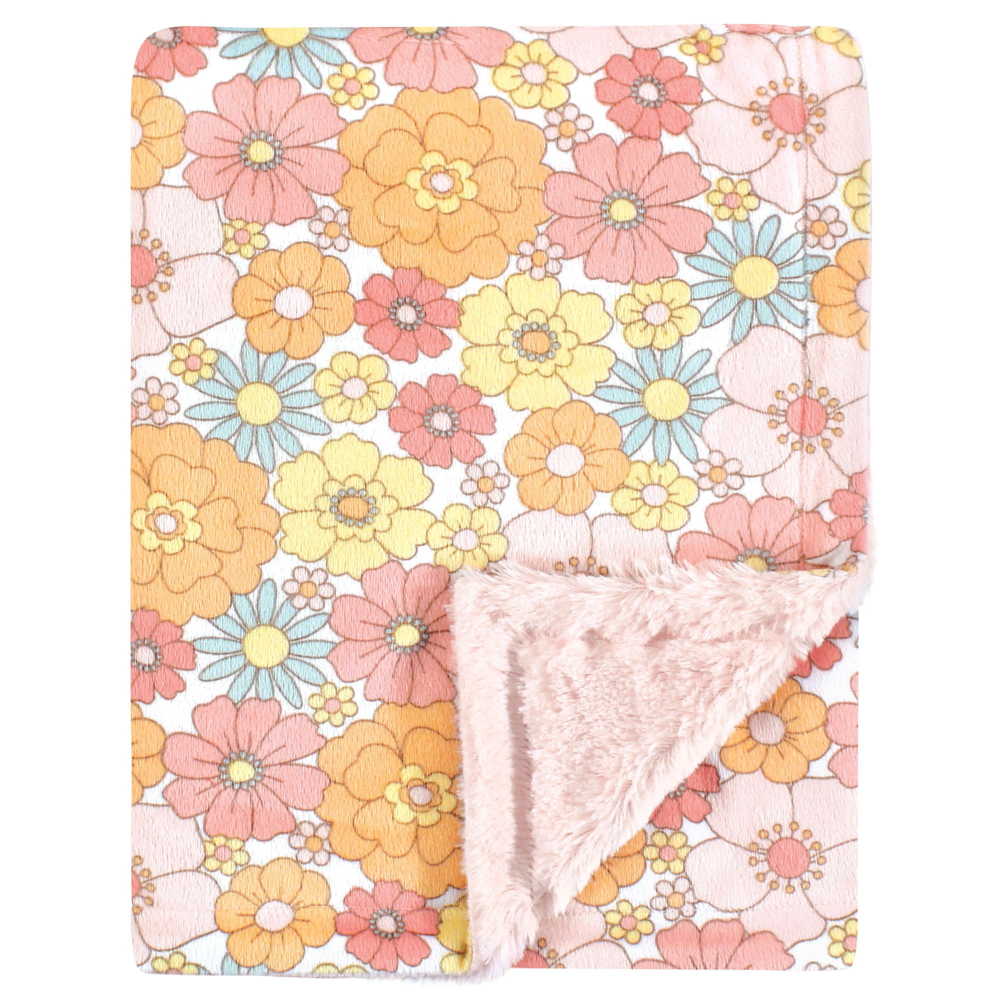 Hudson Baby Girls Plush Blanket with Furry Binding and Back, Peace Love Flowers, One Size