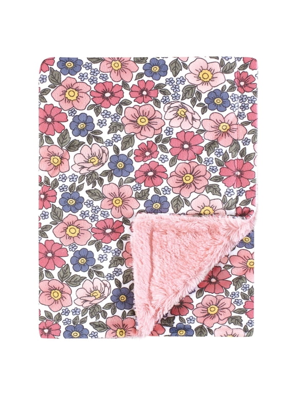 Girls Plush Blanket with Furry Binding and Back, Pink Blue Pretty Floral, One Size