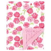 Hudson Baby Girls Plush Blanket with Furry Binding and Back, Pink Roses, One Size