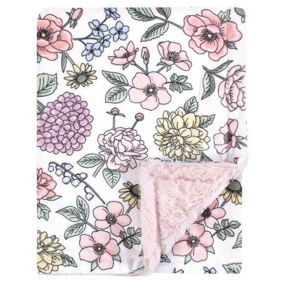 Hudson Baby Girls Plush Blanket with Furry Binding and Back, Vintage Blossom, One Size