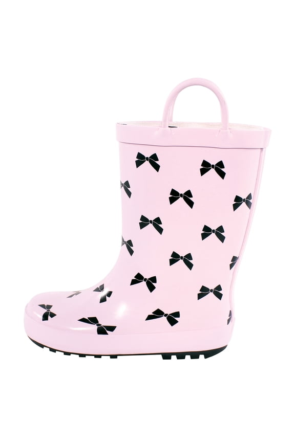 Girls Rain Boots, Pink Black Bow, 9 Toddler