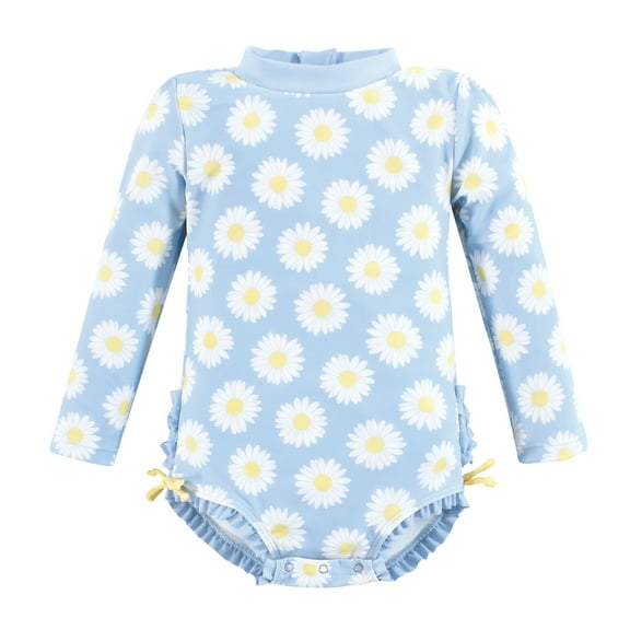 Hudson Baby Girls Rashguard Baby Swimsuit, Blue Daisy, 9-12 Months