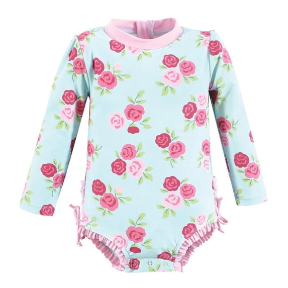 Hudson Baby Girls Rashguard Baby Swimsuit, Mint Pink Roses, 12-18 Months