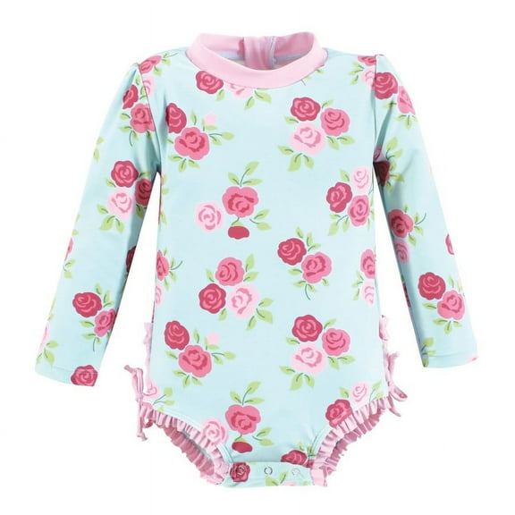 Hudson Baby Girls Rashguard Baby Swimsuit, Mint Pink Roses, 3-6 Months