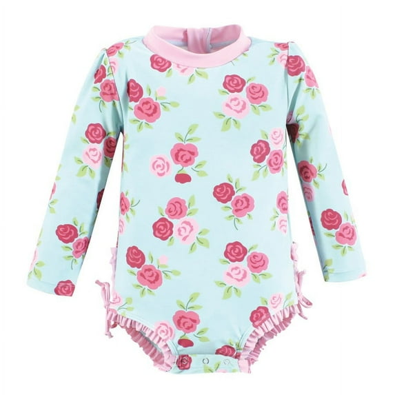 Hudson Baby Girls Rashguard Baby Swimsuit, Mint Pink Roses, 9-12 Months