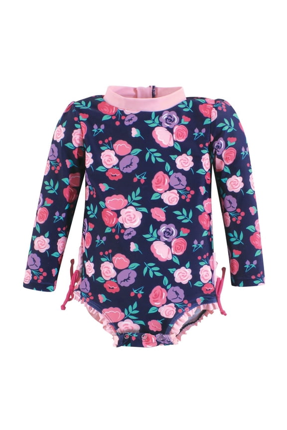 Girls Rashguard Baby Swimsuit, Navy Bright Pink Floral, 6-9 Months