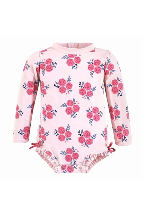 Girls Rashguard Baby Swimsuit, Pink Navy Roses, 3-6 Months