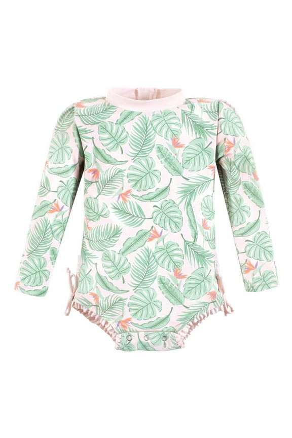 Girls Rashguard Baby Swimsuit, Pink Palm, 3-6 Months