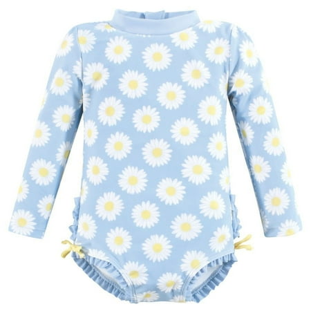 Hudson Baby Girls Rashguard Toddler Swimsuit, Blue Daisy, 2T
